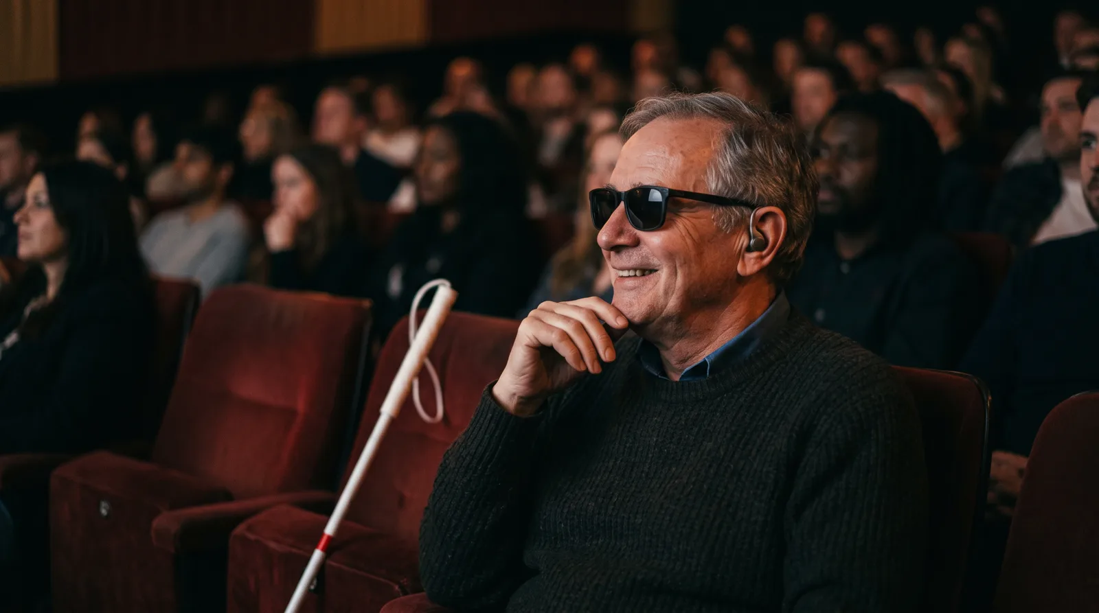 Blinde man met taststok geniet van een film met audiodescriptie