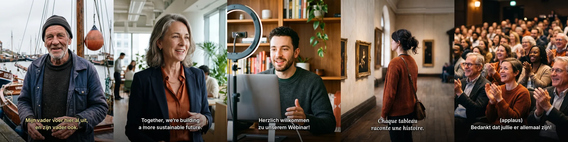 Vijf videobeelden met ondertitels in het Nederlands, Engels, Duits, Frans en ondertiteling voor doven en slechthorenden