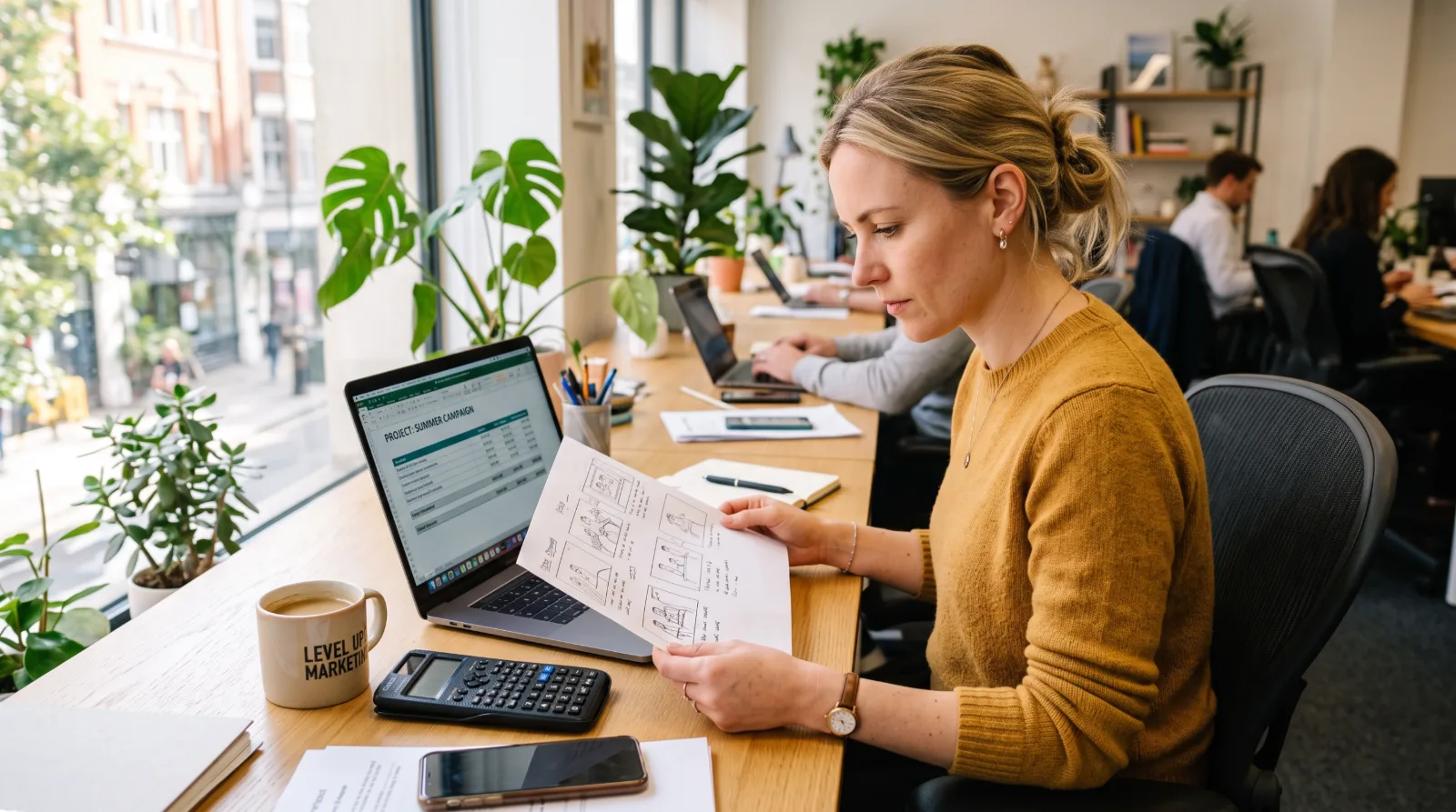 Marketingmanager vergelijkt een offerte voor ondertiteling