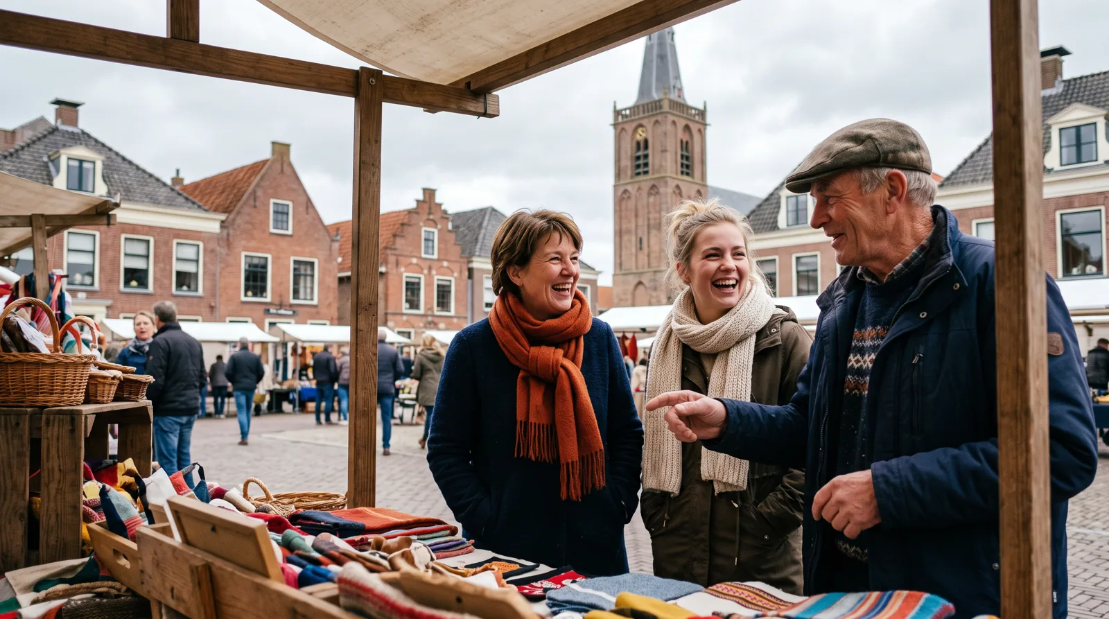 Mensen in gesprek op een Nederlands marktplein