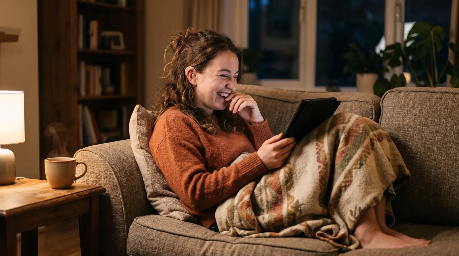 Vrouw met hoortoestel lacht om een film op haar tablet