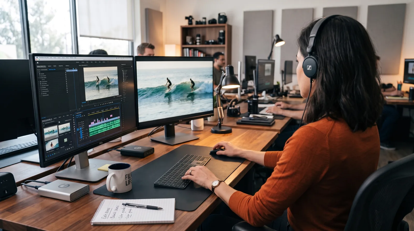 Ondertitelaar werkt aan ondertitels in een montageprogramma