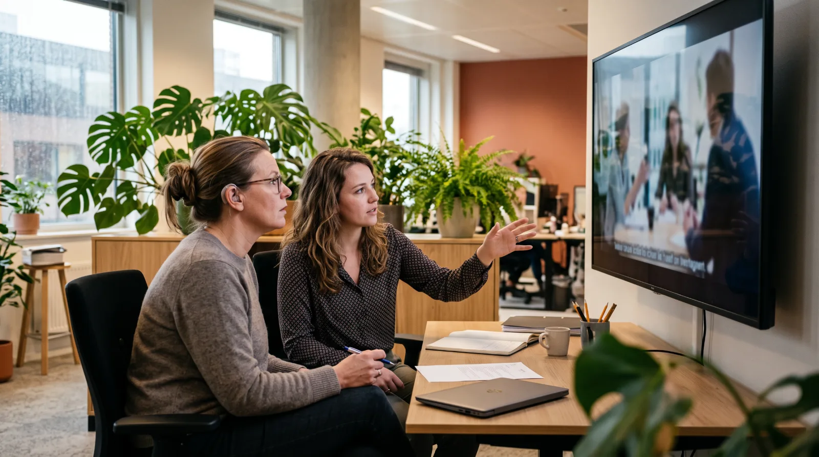 Twee ambtenaren bekijken een video met ondertitels op een groot scherm