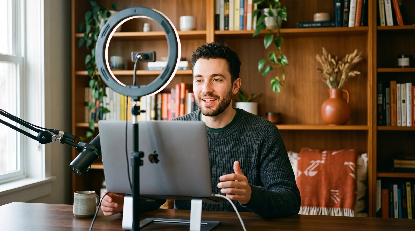 Presentator geeft een webinar vanuit zijn thuiskantoor
