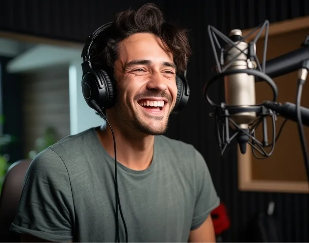 Stemacteur met koptelefoon in een opnamestudio